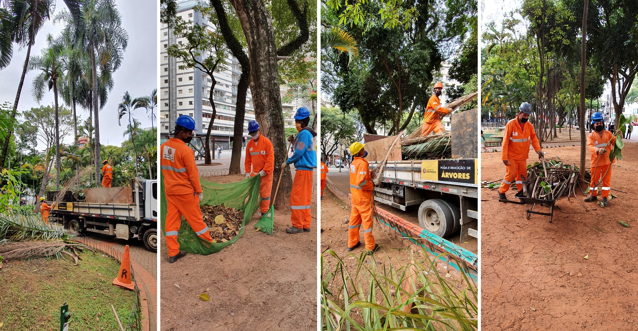 Equipe recolhendo galhos e limpando a Praça